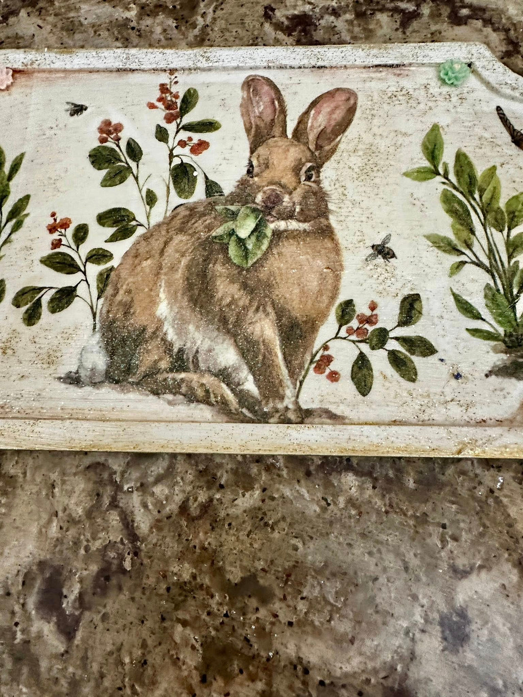 Decoupaged Spring Bunny Riser Tray - Hand Painted