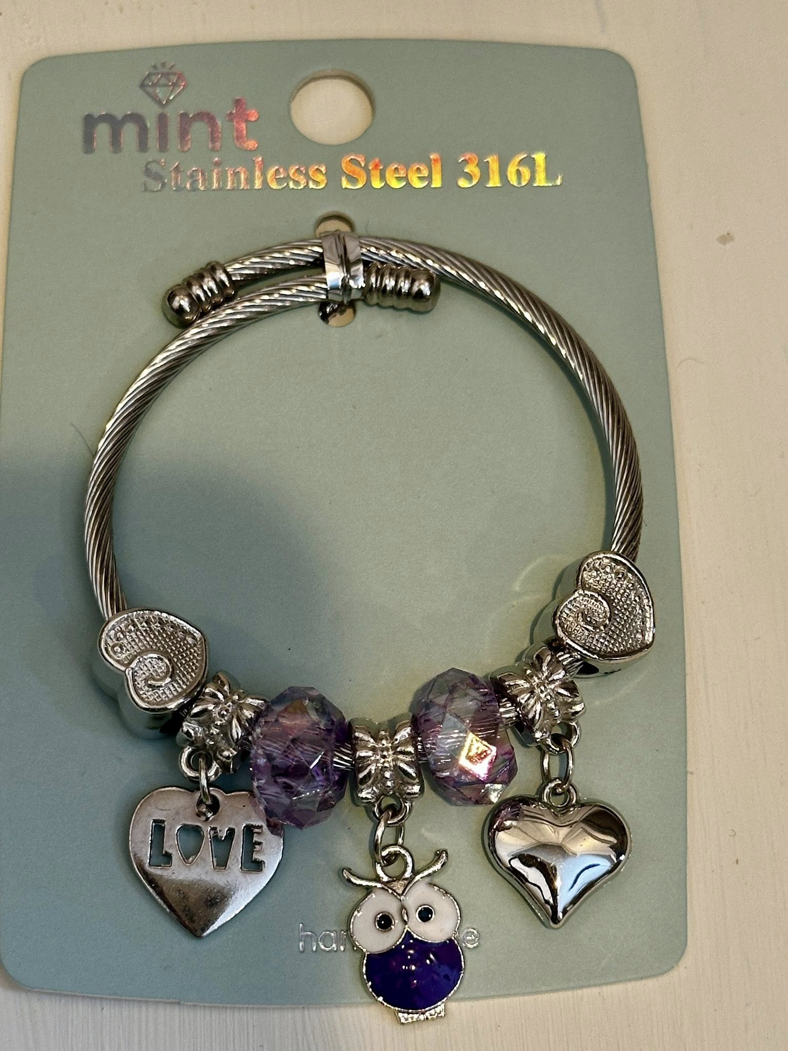 Mint Brand Charm Bracelet Owl and Hearts